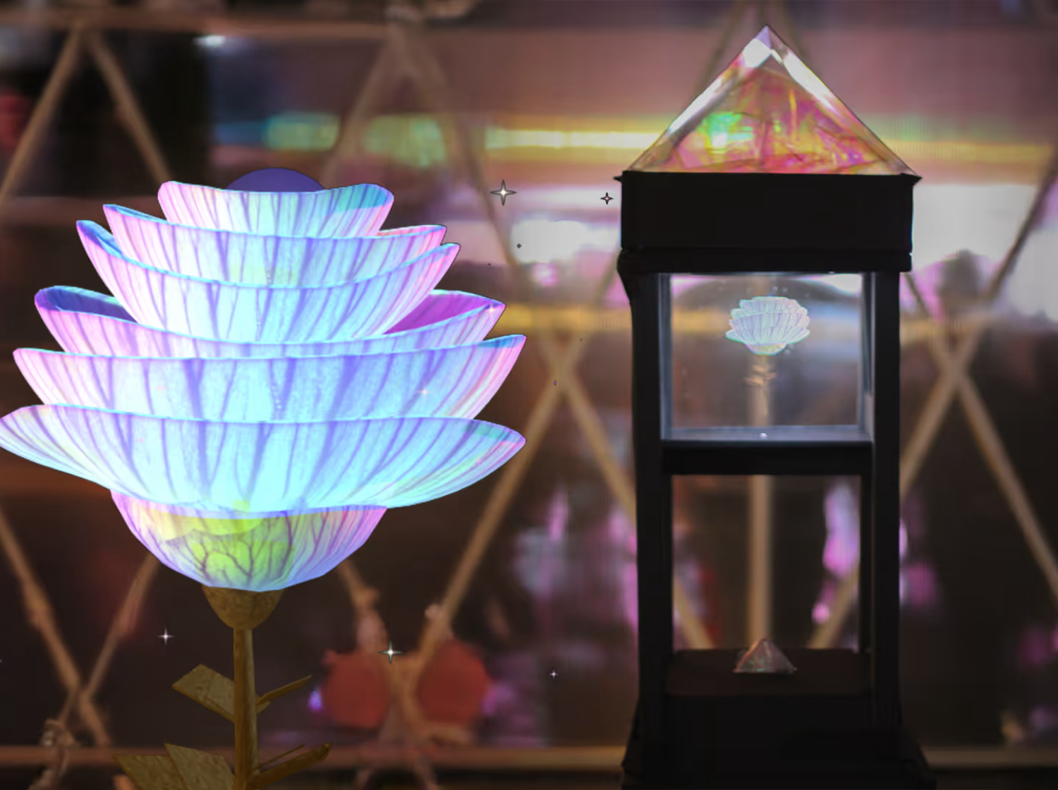Anthesis AR installation: holographic flower companion rendered through a plexiglass pyramid